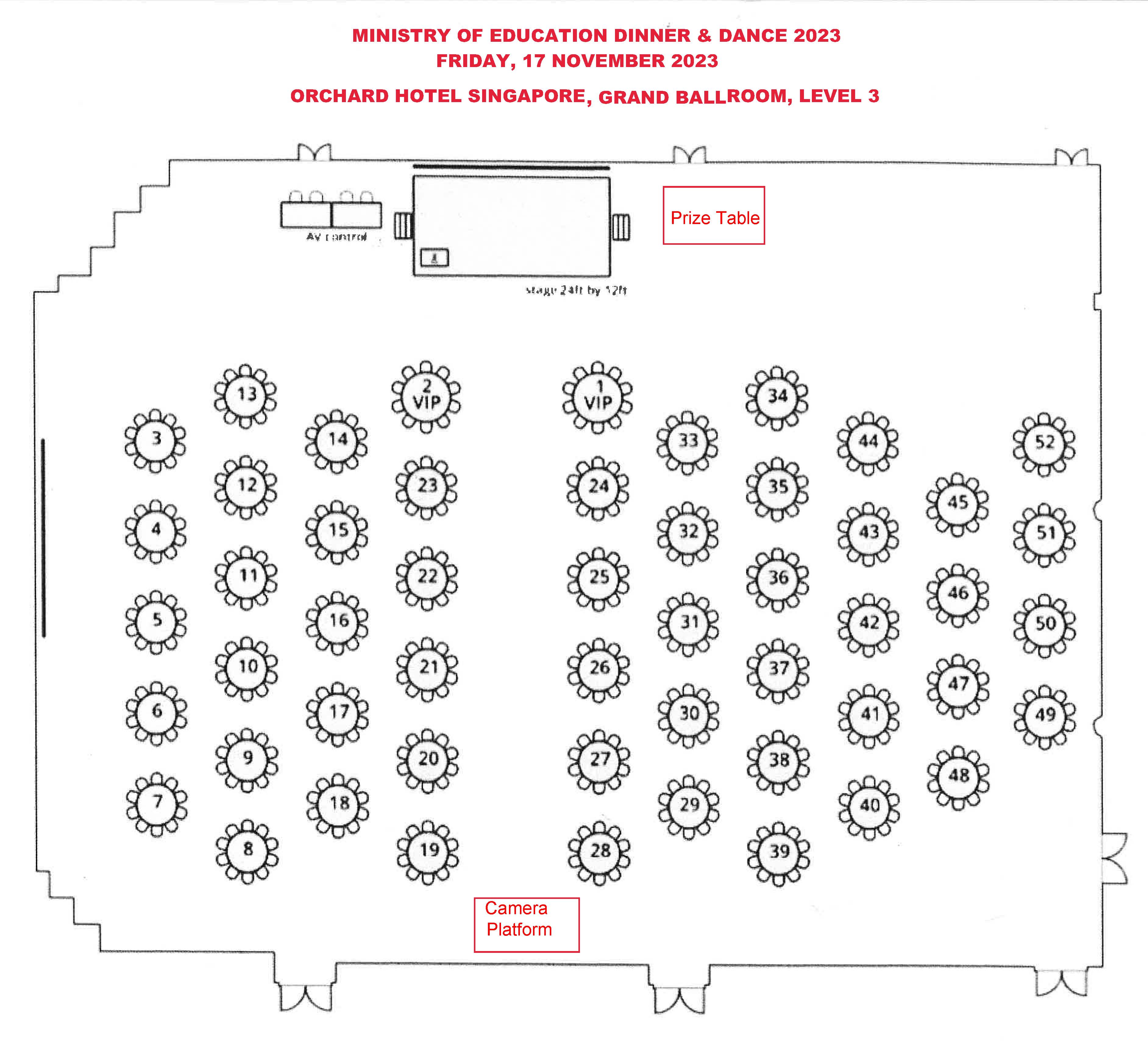 Orchard Hotel Grand Ballroom Layout - 52 tables